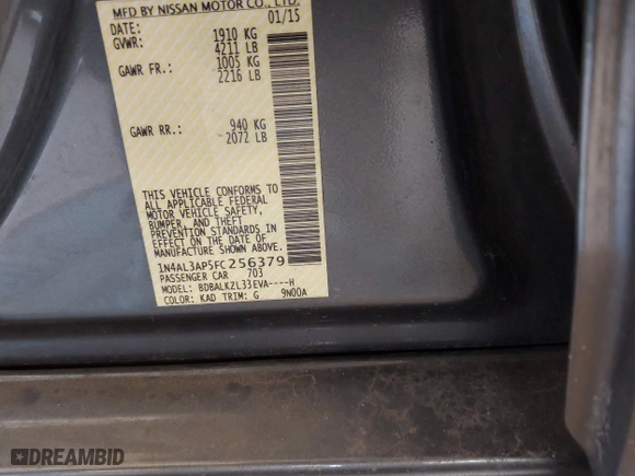 2015 Nissan Altima 2.5 with VIN 1N4AL3AP5FC256379, listed as a IAAI auction lot 41764300 with 144,339 mi miles. Bid and sale history available at carsss.com. Image 9.