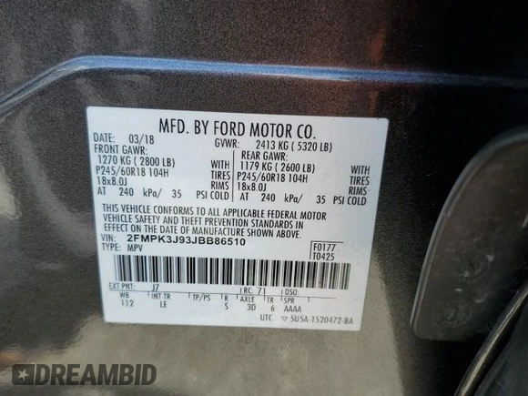 2018 Ford Edge SEL with VIN 2FMPK3J93JBB86510, listed as a Copart auction lot 48546705 with 70,642 mi miles and Salvage Title. Bid and sale history available at carsss.com. Image 15.