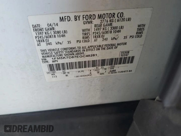 2014 Ford Explorer XLT with VIN 1FM5K7D87EGC48281, listed as a Copart auction lot 59076805 with 155,617 mi miles and Salvage title. Bid and sale history available at DreamBid. Image 13.
