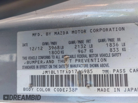 2013 Mazda 3 i SV with VIN JM1BL1TFXD1766985, listed as a IAAI auction lot 42033758 with 144,018 mi miles and . Bid and sale history available at DreamBid. Image 9.
