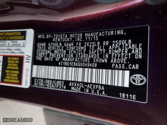 2016 Toyota Avalon Hybrid XLE Premium with VIN 4T1BD1EB6GU049408, listed as a Copart auction lot 47081645 with 94,468 mi miles and Salvage Title. Bid and sale history available at carsss.com. Image 12.