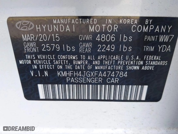 2015 Hyundai Azera Limited with VIN KMHFH4JGXFA474784, listed as a IAAI auction lot 41668106 with 126,709 mi miles. Bid and sale history available at carsss.com. Image 9.