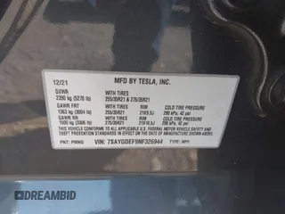2022 Tesla Model Y Performance with VIN 7SAYGDEF9NF326944, listed as a IAAI auction lot 42111633 with Not Provided miles and . Bid and sale history available at DreamBid. Image 9.
