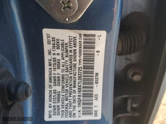 2007 Honda Civic Sdn EX with VIN 1HGFA168X7L063725, listed as a Copart auction lot 53548605 with 237,364 mi miles and Salvage Title. Bid and sale history available at carsss.com. Image 12.
