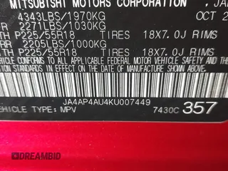 2019 Mitsubishi Outlander Sport SE 2.0 with VIN JA4AP4AU4KU007449, listed as a IAAI auction lot 41422033 with 113,129 mi miles. Bid and sale history available at carsss.com. Image 9.