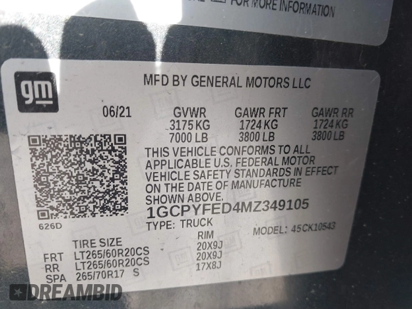 2021 Chevrolet Silverado 1500 LT Trail Boss with VIN 1GCPYFED4MZ349105, listed as a IAAI auction lot 41845023 with 97,012 mi miles and . Bid and sale history available at DreamBid. Image 9.