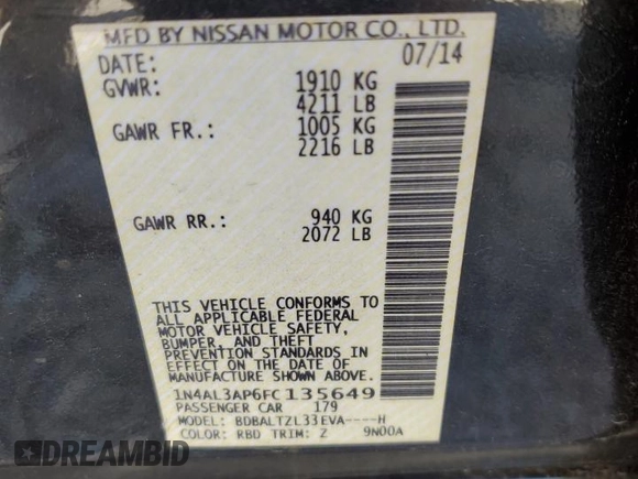 2015 Nissan Altima SL z VIN 1N4AL3AP6FC135649, wystawiony jako Copart lot #56123145 z przebiegiem 297 594 mil mil oraz Szkoda całkowita • Salvage title. Historia ofert i sprzedaży dostępna na DreamBid. Obrazek 12.