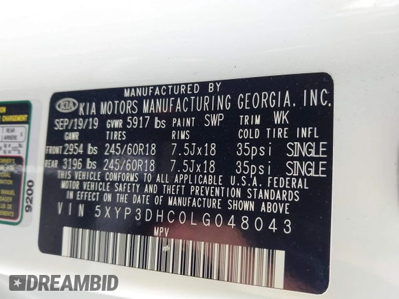 2020 Kia Telluride EX z VIN 5XYP3DHC0LG048043, wystawiony jako IAAI lot #42259706 z przebiegiem 55 363 mil mil oraz . Historia ofert i sprzedaży dostępna na DreamBid. Obrazek 9.