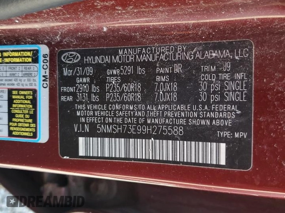 2009 Hyundai Santa Fe Limited z VIN 5NMSH73E99H275588, wystawiony jako Copart lot #59205845 z przebiegiem 142 302 mil mil oraz Szkoda całkowita • Salvage title. Historia ofert i sprzedaży dostępna na DreamBid. Obrazek 13.