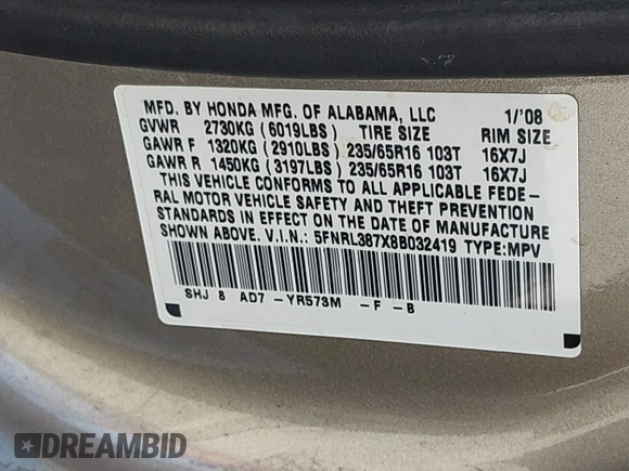 2008 Honda Odyssey EX-L with VIN 5FNRL387X8B032419, listed as a IAAI auction lot 42174820 with 160,804 mi miles and . Bid and sale history available at DreamBid. Image 9.