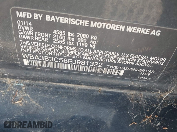 2014 BMW 3 Series 328i xDrive with VIN WBA3B3C56EJ981322, listed as a IAAI auction lot 42104530 with 104,376 mi miles. Bid and sale history available at carsss.com. Image 9.