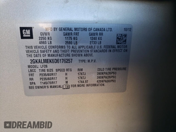 2013 GMC Terrain SLE with VIN 2GKALMEK6D6176257, listed as a Copart auction lot 48582635 with 124,226 mi miles and Salvage Title. Bid and sale history available at DreamBid. Image 13.