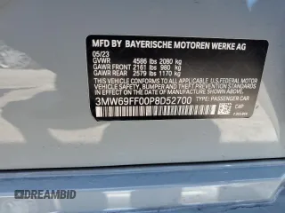 2023 BMW 3 Series 330i with VIN 3MW69FF00P8D52700, listed as a Copart auction lot 61629485 with 12,007 mi miles and Salvage title. Bid and sale history available at DreamBid. Image 12.