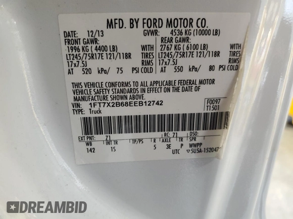 2014 Ford F-250 XL с VIN 1FT7X2B68EEB12742, выставлен на аукционе Copart как лот 51854005 с пробегом 126 042 миль миль и Чистый • Clean title. История ставок и продаж доступна на DreamBid. Изображение 13.