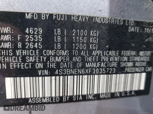 2015 Subaru Legacy 3.6R Limited with VIN 4S3BNEN6XF3035723, listed as a Copart auction lot 46643875 with 151,191 mi miles and Salvage Title. Bid and sale history available at carsss.com. Image 12.