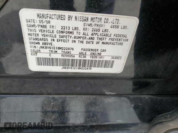 2008 Infiniti G35 Journey с VIN JNKBV61E18M222976, выставлен на аукционе Copart как лот 60064655 с пробегом 292 106 миль миль и Списание • Salvage title. История ставок и продаж доступна на DreamBid. Изображение 12.