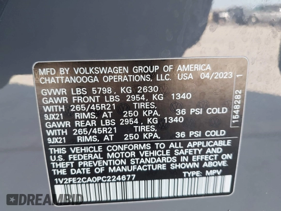 2023 Volkswagen Atlas SEL Premium R-Line with VIN 1V2FE2CA0PC224677, listed as a IAAI auction lot 41991931 with 22,620 mi miles and . Bid and sale history available at DreamBid. Image 9.