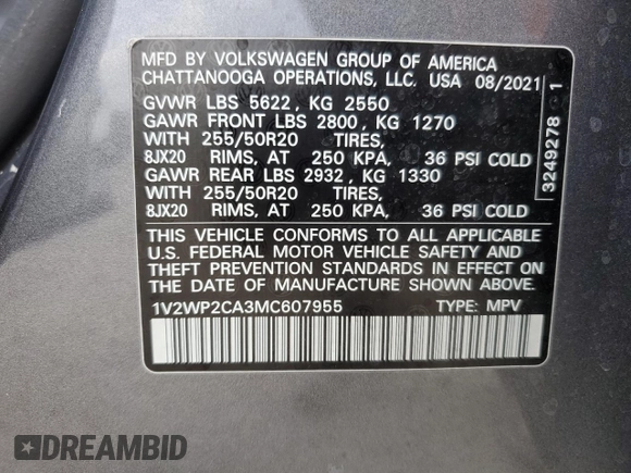 2021 Volkswagen Atlas SE with VIN 1V2WP2CA3MC607955, listed as a Copart auction lot 84155254 with 48,479 mi miles and Salvage title. Bid and sale history available at DreamBid. Image 13.