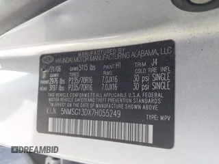 2007 Hyundai Santa Fe GLS with VIN 5NMSG13DX7H055249, listed as a IAAI auction lot 42065670 with 125,203 mi miles and . Bid and sale history available at DreamBid. Image 9.
