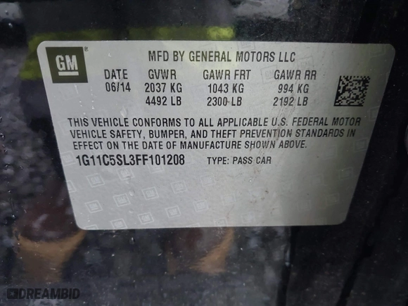 2015 Chevrolet Malibu LT with VIN 1G11C5SL3FF101208, listed as a IAAI auction lot 41965023 with 129,254 mi miles. Bid and sale history available at carsss.com. Image 9.