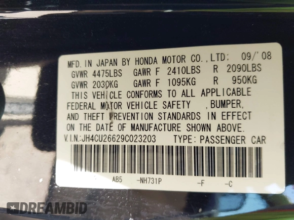 2009 Acura TSX with VIN JH4CU26629C023203, listed as a IAAI auction lot 42517648 with 173,697 mi miles and . Bid and sale history available at DreamBid. Image 9.