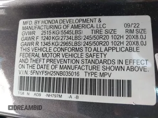 2022 Honda Pilot Special Edition with VIN 5FNYF5H25NB035016, listed as a IAAI auction lot 41248194 with 30,039 mi miles and . Bid and sale history available at DreamBid. Image 9.