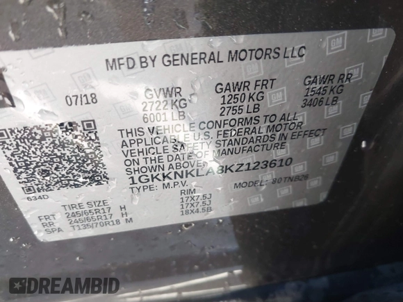 2019 GMC Acadia SLE with VIN 1GKKNKLA8KZ123610, listed as a IAAI auction lot 41605818 with 181,306 mi miles. Bid and sale history available at carsss.com. Image 9.