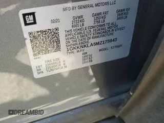 2021 GMC Acadia SLE with VIN 1GKKNKLA5MZ175943, listed as a Copart auction lot 62911585 with 58,187 mi miles and Salvage title. Bid and sale history available at DreamBid. Image 13.