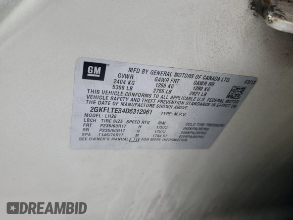 2013 GMC Terrain SLE with VIN 2GKFLTE34D6312961, listed as a Copart auction lot 44496595 with 197,673 mi miles and Salvage Title. Bid and sale history available at DreamBid. Image 13.