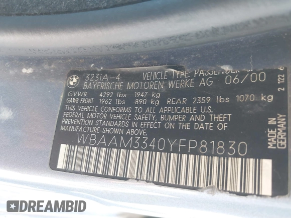 2000 BMW 3 Series 323i with VIN WBAAM3340YFP81830, listed as a IAAI auction lot 42625148 with 162,910 mi miles and . Bid and sale history available at DreamBid. Image 9.