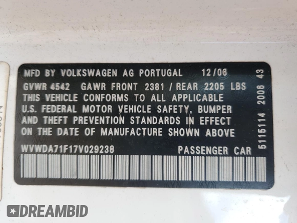 2007 Volkswagen Eos 2.0T with VIN WVWDA71F17V029238, listed as a Copart auction lot 85494274 with 98,674 mi miles and Salvage Title. Bid and sale history available at DreamBid. Image 12.