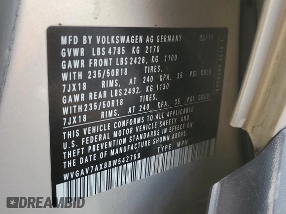 2011 Volkswagen Tiguan SEL w/Premium Navi with VIN WVGAV7AX8BW542758, listed as a Copart auction lot 49356485 with 77,958 mi miles and Salvage Title. Bid and sale history available at DreamBid. Image 14.