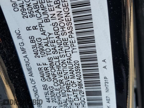 2019 Honda Accord Touring with VIN 1HGCV2F98KA035920, listed as a Copart auction lot 59282455 with 48,828 mi miles and Salvage title. Bid and sale history available at DreamBid. Image 12.
