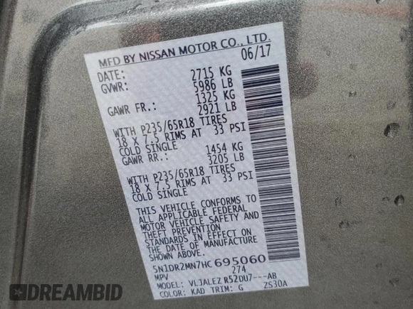 2017 Nissan Pathfinder Platinum with VIN 5N1DR2MN7HC695060, listed as a Copart auction lot 62096275 with 180,221 mi miles and Salvage title. Bid and sale history available at DreamBid. Image 14.