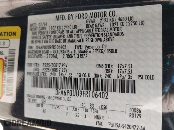 2015 Ford Fusion S Hybrid with VIN 3FA6P0UU9FR106402, listed as a IAAI auction lot 41983961 with 27,122 mi miles. Bid and sale history available at carsss.com. Image 9.