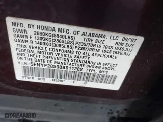 2008 Honda Pilot EX-L with VIN 5FNYF28598B011282, listed as a IAAI auction lot 42000822 with 229,046 mi miles. Bid and sale history available at carsss.com. Image 9.