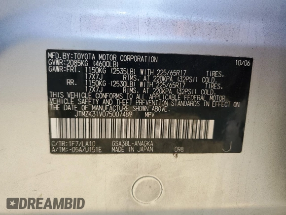 2007 Toyota RAV4 Limited with VIN JTMZK31V075007489, listed as a Copart auction lot 43838255 with 149,403 mi miles and Salvage Title. Bid and sale history available at carsss.com. Image 15.