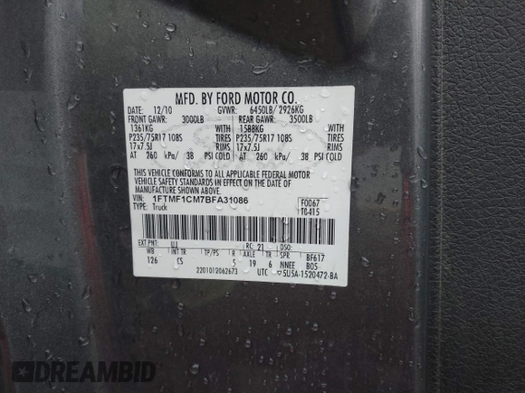 2011 Ford F-150 XL with VIN 1FTMF1CM7BFA31086, listed as a IAAI auction lot 41350553 with 158,430 mi miles. Bid and sale history available at carsss.com. Image 9.