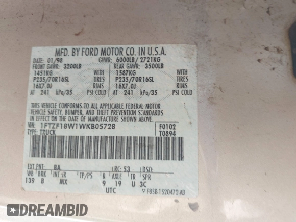 1998 Ford F-150 с VIN 1FTZF18W1WKB05728, выставлен на аукционе IAAI как лот 42467863 с пробегом 172 044 миль миль и . История ставок и продаж доступна на DreamBid. Изображение 9.