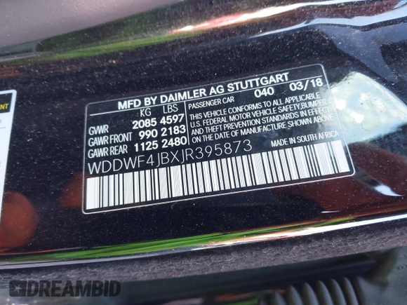 2018 Mercedes-Benz C 300 with VIN WDDWF4JBXJR395873, listed as a IAAI auction lot 41622996 with 126,689 mi miles and . Bid and sale history available at DreamBid. Image 9.