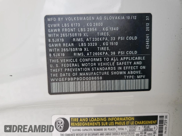 2013 Volkswagen Touareg Lux with VIN WVGEF9BP9DD008658, listed as a Copart auction lot 52585925 with 93,369 mi miles and Salvage Title. Bid and sale history available at DreamBid. Image 13.