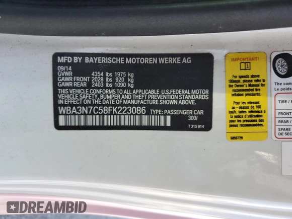 2015 BMW 4 Series 428i with VIN WBA3N7C58FK223086, listed as a Copart auction lot 54985015 with 115,857 mi miles and Salvage Title. Bid and sale history available at DreamBid. Image 12.
