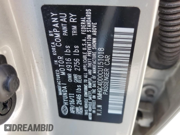 2012 Hyundai Genesis 3.8L z VIN KMHGC4DD0CU151018, wystawiony jako Copart lot #54305525 z przebiegiem 117 987 mil mil oraz Szkoda całkowita • Salvage title. Historia ofert i sprzedaży dostępna na DreamBid. Obrazek 12.