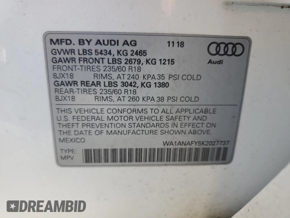 2019 Audi Q5 Premium with VIN WA1ANAFY5K2027737, listed as a Copart auction lot 49252385 with 96,692 mi miles and Salvage Title. Bid and sale history available at carsss.com. Image 14.