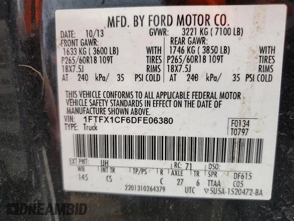 2013 Ford F-150 XL with VIN 1FTFX1CF6DFE06380, listed as a Copart auction lot 54773665 with 182,129 mi miles and Clean Title. Bid and sale history available at carsss.com. Image 12.