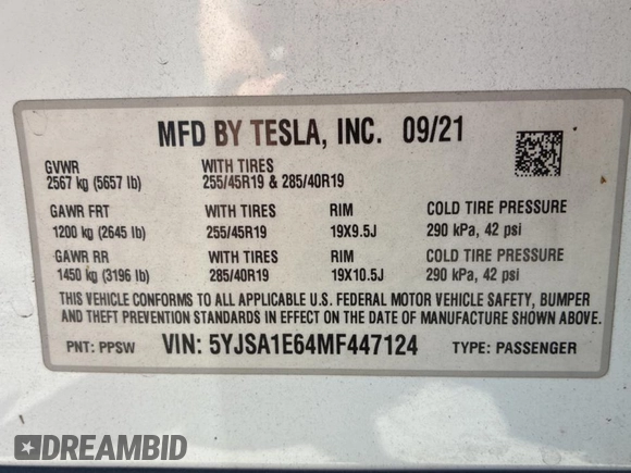 2021 Tesla Model S Plaid с VIN 5YJSA1E64MF447124, выставлен на аукционе Copart как лот 55833265 с пробегом 61 623 миль миль и Чистый • Clean title. История ставок и продаж доступна на DreamBid. Изображение 10.