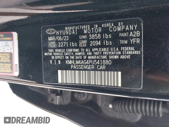 2023 Hyundai Elantra SEL with VIN KMHLM4AG4PU541880, listed as a IAAI auction lot 40639904 with 16,851 mi miles and . Bid and sale history available at DreamBid. Image 9.