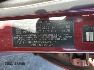2009 Hyundai Accent Auto GLS with VIN KMHCN46C29U289987, listed as a Copart auction lot 55254085 with 164,363 mi miles and Salvage title. Bid and sale history available at DreamBid. Image 12.