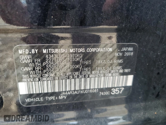 2019 Mitsubishi Outlander ES z VIN JA4AR3AU1KU016081, wystawiony jako Copart lot #55877175 z przebiegiem 97 964 mil mil oraz Czysty tytuł • Clean title. Historia ofert i sprzedaży dostępna na DreamBid. Obrazek 13.
