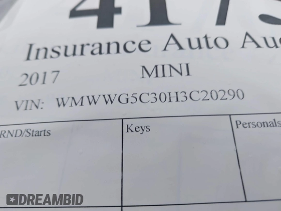 2017 MINI Convertible Cooper с VIN WMWWG5C30H3C20290, выставлен на аукционе IAAI как лот 41750397 с пробегом Не указан миль и . История ставок и продаж доступна на DreamBid. Изображение 9.